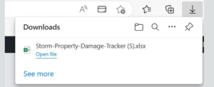 Downloads Pop-up window for opening the downloaded Storm Property Damage Tracker spreadsheet