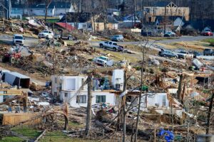 Neighborhood homes destroyed by a tornado.