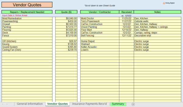 Storm Property Damage Log spreadsheet showing needed repairs, contractor quoted amounts, and date quotes received